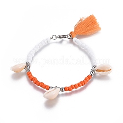 Débourser des bracelets de breloque, avec des perles en verre de graine, 304 pendentif en acier inoxydable avec perles rondes et pampilles, orange foncé, 7-5/8 pouce (19.5 cm), 4~5mm