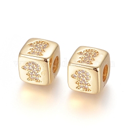 Ottone micro spianare perline europei zirconi, perline con foro grande, placcato di lunga durata, cubo con motivo, chiaro, oro, 9x9x9.5mm, Foro: 4.5 mm