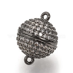 Brass Micro Pave Cubic Zirconia Magnetic Clasps with Loops, Round, Gunmetal, 12x8mm, Hole: 1mm