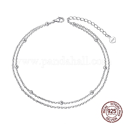 Tobillera de cadena tipo cable de doble capa de plata de ley chapada en rodio con cuentas para mujer, con sello s925, Platino real plateado, 925 pulgada (7-7/8 cm)