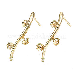 Brass Stud Earring Findings, for Half Drilled Bead, Nickel Free, Branch and Leaves, Real 18K Gold Plated, 25x10mm, Hole: 0.8mm, Pin: 0.7mm, Pin: 0.6mm(for half drilled beads)