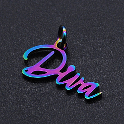 Ion Plating(IP) 201 Stainless Steel Pendants, with Jump Rings, Word Diva, Rainbow Color, 11x19x1mm, Hole: 3mm