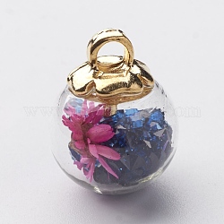Ciondoli palla di vetro, con risultati in plastica ccb, fiori secchi casuale e strass, blu scuro, 20x15.5mm, Foro: 3.5 mm