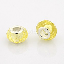 European Beads vetro sfaccettato, perline rondelle  con foro grande, con anime in ottone placcato color argento, giallo champagne, 14x9mm, Foro: 5 mm