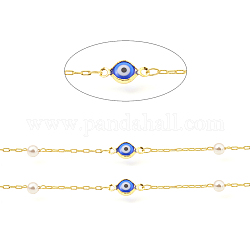 Brass Drawn Elongated Cable Chains, with Round Glass and Evil Eyes Enamel, Long-Lasting Plated, Soldered, with Spool, Real 18K Gold Plated, Link: 2.5x1x0.3mm, Eye: 13x7x2mm, Round: 4mm, about 32.8 Feet(10m)/roll