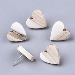Resin & Wood Stud Earrings, with 304 Stainless Steel Pin, Heart, Creamy White, 15x14~15mm, Pin: 0.7mm