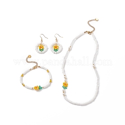 Fleur de verre et coquillage perlé boucles d'oreilles bracelet collier, ensemble de bijoux en laiton floral pour fille femme, or, 7.24 pouce (18.4 cm), 17.36 pouce (44.1 cm), 51mm, pin: 0.8 mm