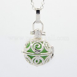 Silver Tone Brass Cage Pendants, Chime Ball Pendants, Round, with Brass Spray Painted Bell Beads, Light Green, 27x24x21mm, Hole: 3x5mm