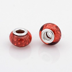 Large Hole Rondelle Resin European Beads, with Silver Tone Brass Cores, Red, 14x9mm, Hole: 5mm