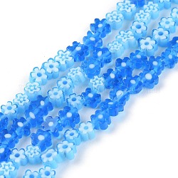 Millefiori a mano fili di perline di vetro, fiore, blu, 3.7~5.6x2.6mm, Foro: 1 mm, circa 88~110pcs/filo, 15.75'' (40 cm)