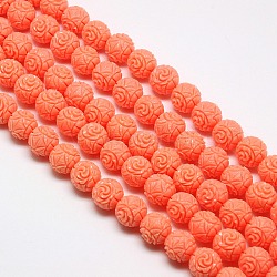 Synthetic Coral Beads Strands, Dyed, Round Beads Carved Flower Rose, Coral, 20mm, Hole: 1mm, about 15pcs/strand, 15.74 inch