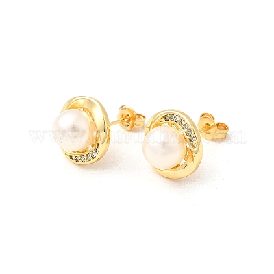 Круглые серьги-гвоздики из латуни с микропаве из прозрачных кубических цирконий EJEW-C154-09G-1