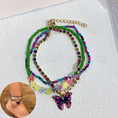 Комплекты многослойных браслетов на лодыжку из богемской смолы и стеклянных бусин WG187EB-11-1