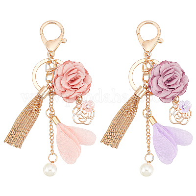 WADORN 2 Colors Flower Tassel Keychain, Blossoming Rose Flower Pearl Car  Keyring Holder for Women Cute Key Fob Purse Bag Charms Handbag Backpack