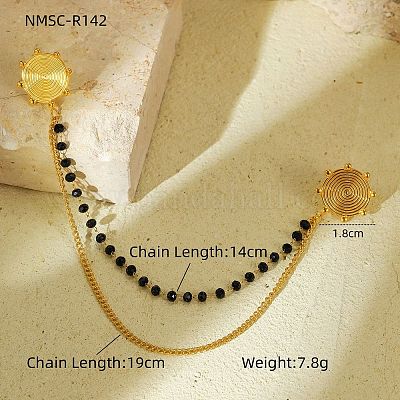 Брошь-цепочка с подвеской в виде вихря из нержавеющей стали 304 с прозрачными кубическими цирконами и окрашенными черными камнями&nbsp;JEWB-S021-08G-1