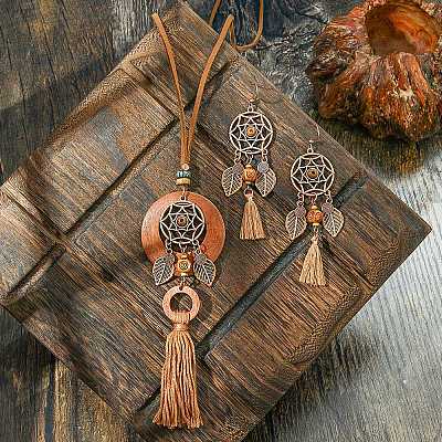 Плетеная сетка/паутина с перьевым сплавом и комплекты из дерева и сережек FS-WG8596C-02-1