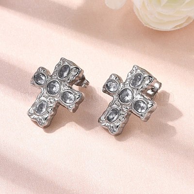 6 пара серег-гвоздиков с крестом из нержавеющей стали 304 с кубическим цирконием EJEW-P330-01P-1