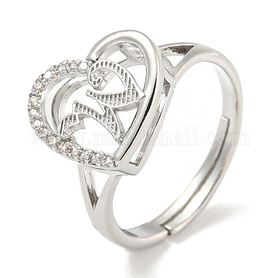 Сердце с буквой стойка покрытие латунь микро паве кубический цирконий регулируемые кольца для женщин RJEW-I105-06P-W-1