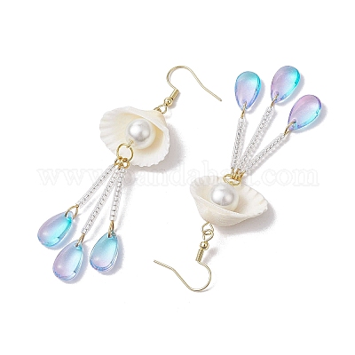 Серьги-подвески из стекла и натуральных ракушек EJEW-MZ00384-1