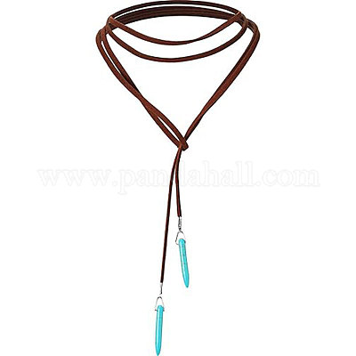 Ожерелья-лариаты из богемского сплава и синтетической бирюзы в форме заостренной пули на шнуре из искусственной кожи FS-WG48C4B-01-1