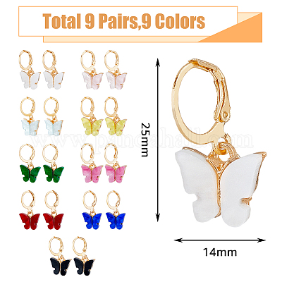 9 пара двухцветных акриловых сережек-бабочек с застежкой-русалкой EJEW-FI0001-97-1