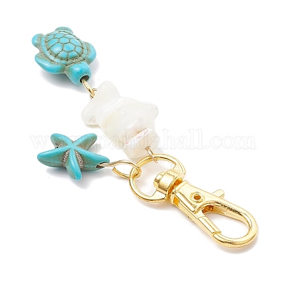 Подвеска в виде ракушки с кристаллами из синтетической бирюзы и натурального белого перламутра в виде морской звезды и морской черепахи HJEW-JM03169-02-1