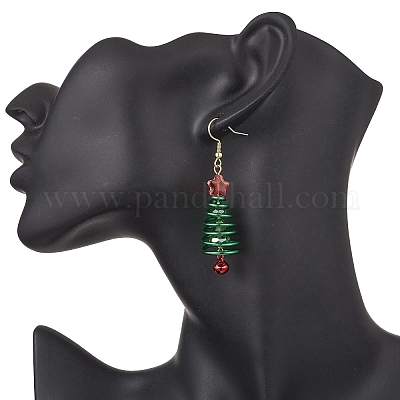 Серьги-подвески из латуни и стекла в форме рождественской елки с колокольчиком EJEW-JE06641-1