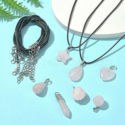 Наборы для самостоятельного изготовления подвесок и ожерелий из вощеного шнура из натурального розового кварца DIY-FS0008-74-1