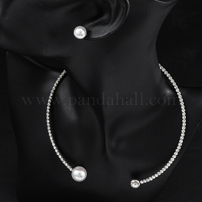 Круглые пластиковые серьги-гвоздики с имитацией жемчуга и комплекты колье-чокеров с кубическим цирконием и стразами SJEW-U003-07P-1