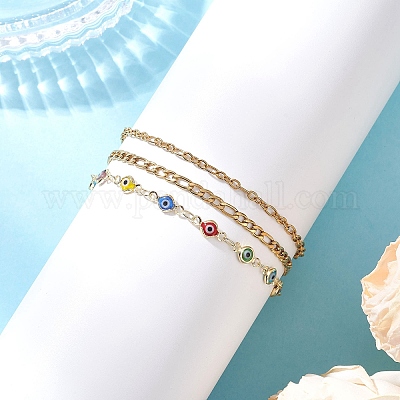 Браслеты из цепей и звеньев лампворк из нержавеющей стали 304 и сглаза для женщин BJEW-JB12449-01-1