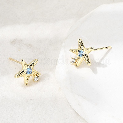 Серьги-гвоздики из латуни с микропаве из кубических цирконий в форме морских звезд EJEW-Z153-02G-1