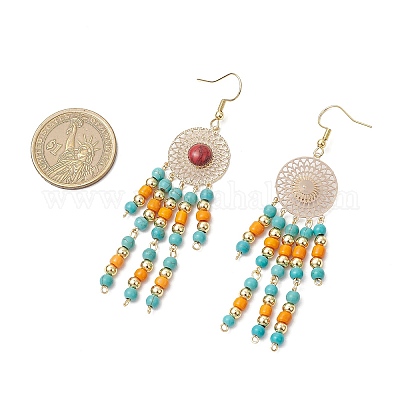 Плоские круглые серьги-подвески из нержавеющей стали 304 с синтетической бирюзой EJEW-JE06454-01-1