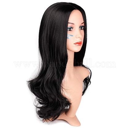 長いウェーブの巻き毛のかつら  中部合成かつら  耐熱高温繊維  女性のために  ブラック  23.62インチ（60cm） OHAR-I019-08-1