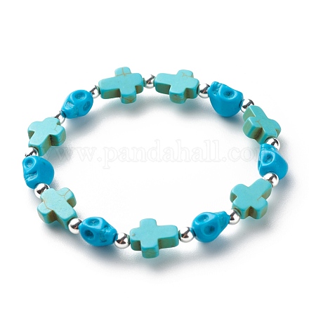 Bracelet extensible en perles de turquoise synthétique (teint) avec croix et tête de mort BJEW-JB08449-04-1