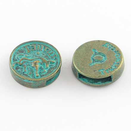 Breloques coulissantes en alliage de zinc rondes plaquées de bronze antique & de patine verte PALLOY-Q307-04-NR-1