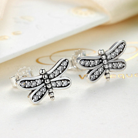 Thai Sterling Silver Cubic Zirconia Dragonfly Stud Earrings EJEW-FF0001-32-1