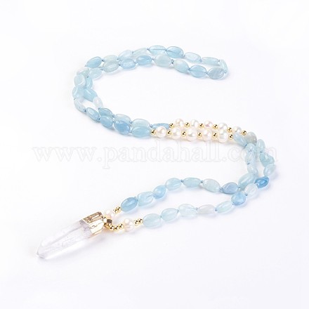 Natural Aquamarine and Natural Quartz Crystal Pendant Necklaces NJEW-I220-07-1