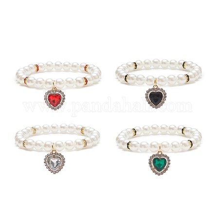 Bracelet extensible perlé rond en perles acryliques avec breloques coeur en alliage strass pour femme BJEW-JB09232-1