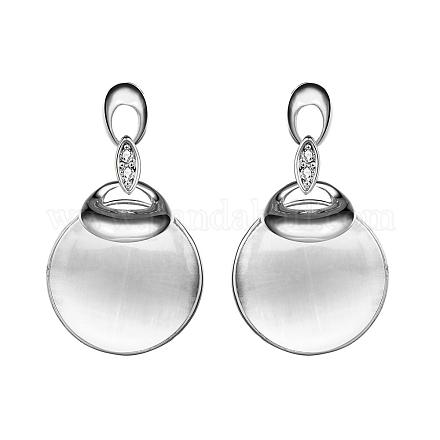 Real Platinum Plated Flat Round Tin Alloy Cat Eye Dangle Earrings EJEW-BB06214-P-1