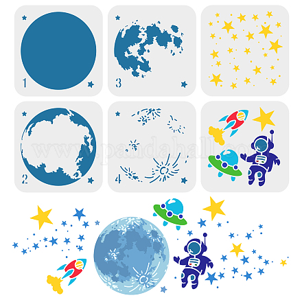 FINGERINSPIRE 6 Pcs Layered Space Theme Stencil 15x15cm Moon Earth Painting Template Plastic Astronaut Rocket Spaceship Patterns Stencils Reusable Moon Stars Stencil for Home Wood Floor Wall Decor DIY-WH0172-853-1
