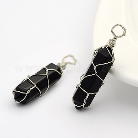 Bullet Natural Black Agate Wire Wrapped Pointed Pendants G-M225-22P-1
