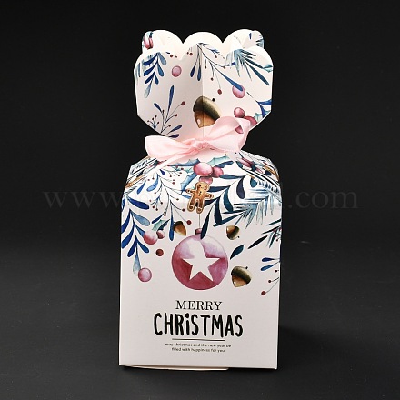 クリスマステーマ紙折りギフトボックス  リボン付き  プレゼント用キャンディークッキーラッピング  ホワイト  ジンジャーブレッドマン模様  8.8x8.8x18cm CON-G012-03A-1