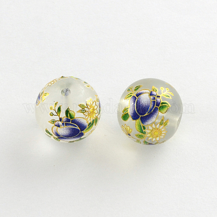 Flower Picture Frosted Transparent Glass Round Beads GFB-R004-14mm-H14-1