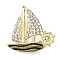 Alloy Enamel Brooches, with Rhinestone Beads, Boat, Golden, 28x28mm