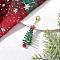 Christmas Tree Glass & Brass Bell Charm Pendant Decorations, with Lobster Claw Clasps, Golden, Green, 55mm