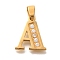 Ion Plating(IP) 304 Stainless Steel Rhinestone Pendants, Letter A, 17~19x10.5~18x2mm, Hole: 6.5x3.5mm