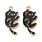 Alloy Enamel Pendants, Light Gold, Cat Charm, Black, 27.5x13x1.5mm, Hole: 1.5mm