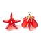 Glass Pendants, Flower Charm, with Brass Loops & Seed Beads, Faceted, Red, 23~24x24~26mm, Hole: 2.5~3x3~3.5mm