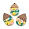 Resin and Walnut Pendants, Teardrop, Yellow, 36.5x24.5x2.5mm, Hole: 2mm