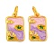 Rack Plating Brass Enamel Pendants, with Jump Ring, Long-Lasting Plated, Lead Free & Cadmium Free, Real 18K Gold Plated, Rectangle with Lotus Leaf Charm, Medium Orchid, 18.5x11.5x3mm, Hole: 5mm
